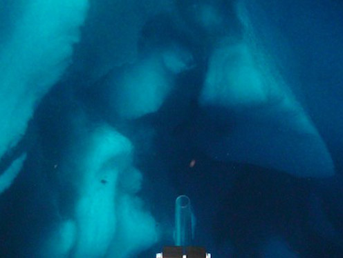 Caves and ledges imaged by ROV IceCUBE during a dive underneath a iceberg in the Weddell Sea. The nozzle in the foreground was used to collect water samples with the ROV that were pumped back to the ship via tubing that was attached to the vehicle's tether. Stripes on the iceberg indicate land-derived materials incorporated into the iceberg. Credit: MBARI.