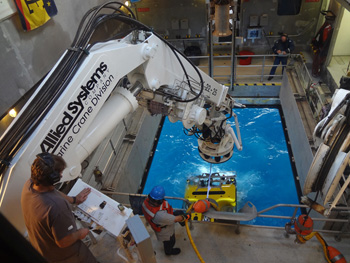 ROV Doc Ricketts was deployed from the moon pool in the center of the Western Flyer. It then descended 4,000 meters to the seafloor, acting as eyes and hands underwater for scientists. Photo: Amanda Kahn.