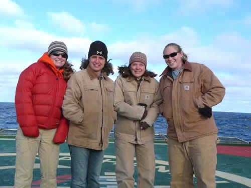 Diane Chakos, Maria Vernet, Karie Sines, and Lindsey Eckern are prepared for the outdoors on a cold, sunny day. Photo by Diane Chakos.