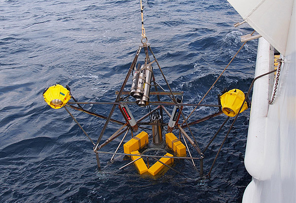 The camera tripod, recovered this afternoon, photographs the seafloor with its camera (the two cylinders in the center) and flash (the two yellow spheres on either side). Photos will be downloaded, batteries recharged, and then the tripod will be redeployed tomorrow. Photo: Carola Buchner.