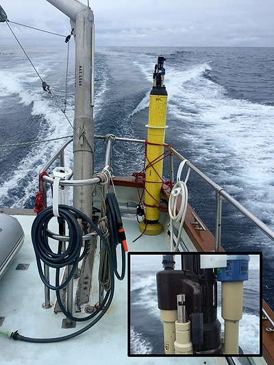 Profiling float on transom of research vessel John Martin