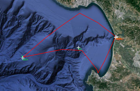 This track depicts the path of the Paragon on a day when Ocean Chemistry Technician Jared Figurski and Operations Engineer Chris Wahl conducted mooring maintenance on several moorings in Monterey Bay in under five hours.