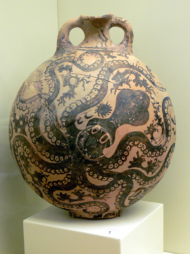 Minoan clay bottle with octopus, created in about 1500 B.C (Artifact from the Archaeological Museum in Herakleion; photograph by Wolfgang Sauber/Wikimedia)