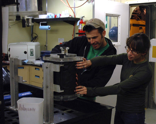 Alicia and Chris experimenting with a possible redesign of a detritus sampler.
