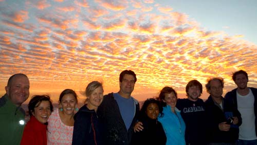 The science team and their guests from National Geographic enjoy the gorgeous sunset on Monday night from the back deck of the Western Flyer. Left to right: Stefan Seibert, Freya Goetz, Meghan Powers, Lynne Christianson, Steve Haddock, Danielle Haddock, Olivia Judson, Zach Kobrinsky, David Liittschwager, and Warren Francis.