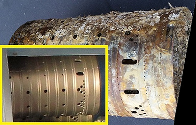 Photographs of the combustion can on the F-8 Crusader. Background image is can recovered from Monterey Bay. Foreground image is can as manufactured. The unique pattern of holes in the can helped researchers identify the part found in Monterey Bay. Photos: Chris Grech.