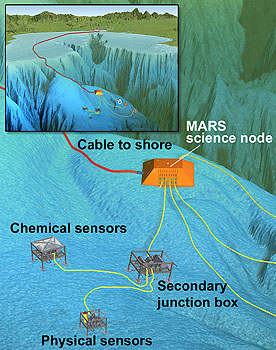 The Monterey Accelerated Research System (MARS) will allow scientists to perform long-term and real-time experiments 800 meters below the surface of Monterey Bay. The main MARS node (orange box with sloping sides) will connect to shore through a 51-km-long power and fibre-optic cable. MARS will serve as an engineering, science, and education test bed for even larger regional ocean observatories. (www.mbari.org/mars/)