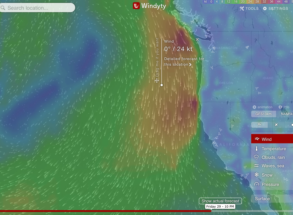 Wind map showing forecasted conditions in the NE Pacific this evening, with our location (white dot). Our experience this week is that the wind has been considerably higher than the forecast.