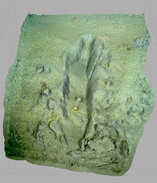 An image of a 3D gouge mark in the seafloor that Lonny created from ROV video. The mark is about 14 centimeters.