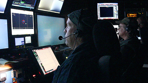 In the control room ROV pilots and scientists work together to conduct survey transects. Photo: Teresa Carey © 2016 MBARI