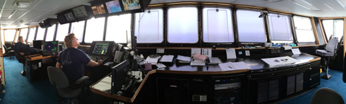 Panorama of the ship’s bridge, where the captain drives the ship. From far left, Relief Chief Engineer Lance Wardle and Captain Aaron Gregg, who normally sails as captain on our other ship, the Rachel Carson, but sailed as relief on this trip. Thanks, Aaron!