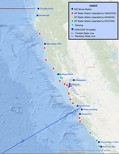 Map of CeNCOOS monitoring stations on the Central California coast.