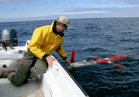 This photograph shows an MBARI techncian releasing an underwater glider in Monterey Bay. Underwater gliders are a type of autonomous underwater vehicle (AUV) that move through the water by changing their bouyancy. Computers inside the glider cause it to sink or rise toward the surface. As the glider rises or sinks, its wings cause it to move forward in the water. .Gliders can stay at sea for months at a time but move relatively slowly (one half mile an hour or less). This makes them useful for monitoring long-term ocean processes.