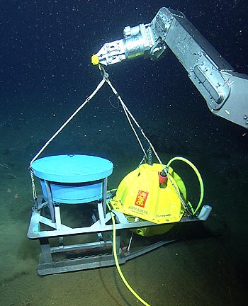 This photo shows the robotic arm on MBARI's remotely operated vehicle (ROV) Ventana lowering the DEIMOS instrument onto the seafloor. The blue cylinder works like a fish finder, sending sound waves up from the seafloor to detect fish and other animals swimming above. Image: (c) 2009 MBARI