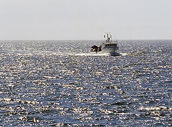 The research vessel Point Lobos returns to Moss Landing Harbor on a relatively calm afternoon. During spring and summer, afternoon winds on Monterey Bay often reach 10 to 13 meters per second (25 to 30 miles an hour)—strong enough to curtail scientific research and endanger small boats. Image: Todd Walsh (c) 2006 MBARI