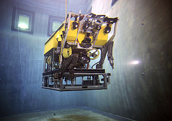MBARI ROV pilots and engineers put the Doc Ricketts through its paces in the MBARI test tank before taking it out to sea for its first ocean dive. Image: Todd Walsh (c) 2008 MBARI