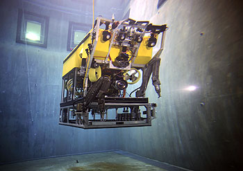 MBARI ROV pilots and engineers put the Doc Ricketts through its paces in the MBARI test tank before taking it out to sea for its first ocean dive. Image: Todd Walsh (c) 2008 MBARI