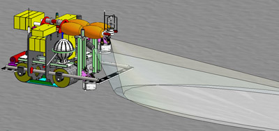 This computer drawing shows some of the key components of the Benthic Rover. Image credit: (c) 2006 MBARI