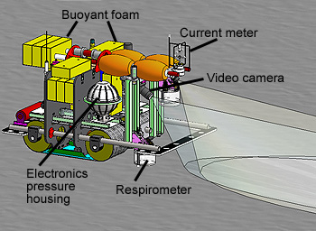 This computer drawing shows some of the key components of the Benthic Rover. Image: © 2008 MBARI