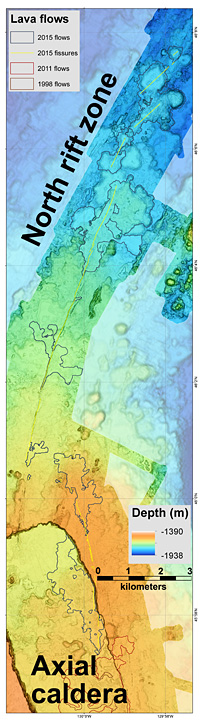 Part of the new map of Axial Seamount produced by MBARI researchers. Black outlines show lava flows from 2015 eruption. Image (c) 2016 MBARI