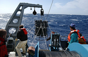  Collecting water samples was a challenge even during good weather on the stormy Southern Ocean. Photo (c) 2002 Kenneth Coale