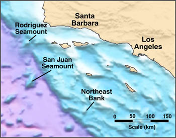 Area map showing the locations of the three seamounts that appear to have been volcanic islands between 10 and 14 million years ago. Image credit: (c) 2004 MBARI