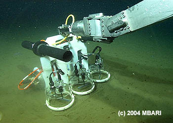 This benthic respirometer is one of several new oceanographic tools being described at the 2005 ASLO meeting. This instrument measures the oxygen consumption of organisms (mostly microbes) within the ocean sediment. This information helps scientists understand how such organisms can survive on the sparse food supplies available in the deep sea. Photo (c) 2004 MBARI