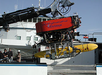  This photograph shows the yellow, torpedo-like AUV attached to the underside of ROV Ventana. The vehicles are being lowered into the water in Moss Landing Harbor so that the ROV pilots can determine how much weight to add to or remove in order to make the ROV neutrally buoyant. Image: Todd Walsh (c) 2004 MBARI