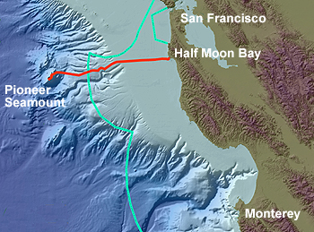  This shaded bathymetric image of the Central California coast shows the route of the Pioneer Seamount cable in red and the boundary of the Monterey Bay National Marine Sanctuary in turquoise. Image courtesy of the Monterey Bay National Marine Sanctuary.