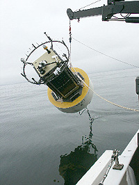 The new CIMT mooring being lowered into the calm early morning sea. Photo Kent Headley (c) 2004 MBARI