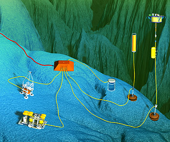 This illustration shows some of the oceanographic instruments that might be hooked up to the MARS ocean observatory, which is presently under construction in Monterey Bay. As more and more instruments are hooked up to ocean observatories, ocean engineers must find new ways to get these instruments to work together. Image: David Fierstein (c) 2005 MBARI
