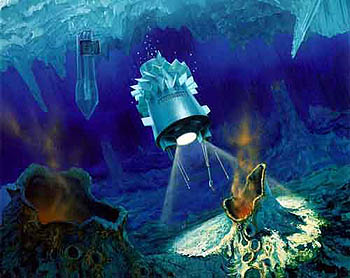  NASA artists' rendition of a space probe on one of Jupiter's satellites, Europa. The probe first penetrates the moon's icy surface, then descends through the liquid ocean underneath to explore volcanoes or hydrothermal vents on the seafloor. Such probes could one day carry instruments based on the ESP. Image: NASA/JPL
