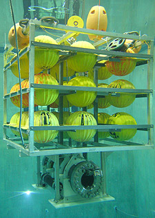 Before deploying the hyperbaric fish trap in the ocean, Drazen tested it in the MBARI test tank, as shown in this photo. The stainless steel cylinder at the bottom of the photo is the trap itself. Above it is an aluminum frame containing 27 yellow floats, which make the entire assembly positively buoyant. Photo: Kim Fulton-Bennett (c) 2004 MBARI