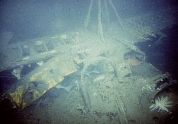  This photo was taken during a 1991 MBARI survey of the wreck of the USS Macon. It shows the remains of one of four biplanes that went down with the USS Macon, including the wings and part of the cockpit (now a refuge for fish). At the top of the photo you can see part of the 