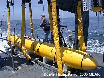 Senior Research Specialist David Caress at sea with the mapping AUV on board R/V Zephyr. Image: Duane Thompson (c) 2005 MBARI