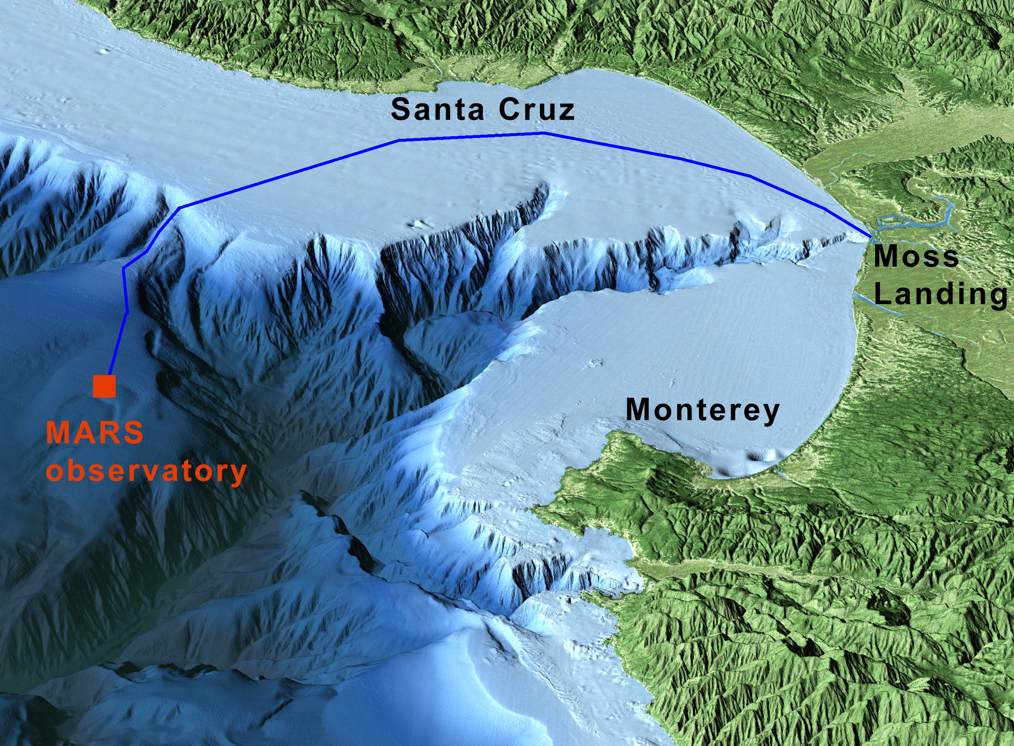 This computer-generated view of Monterey Bay shows the route of the MARS cable, which starts at the Monterey Bay Aquarium Research Institute in Moss Landing, California. The MARS observatory (red square) will be located on a sloping undersea plateau called 