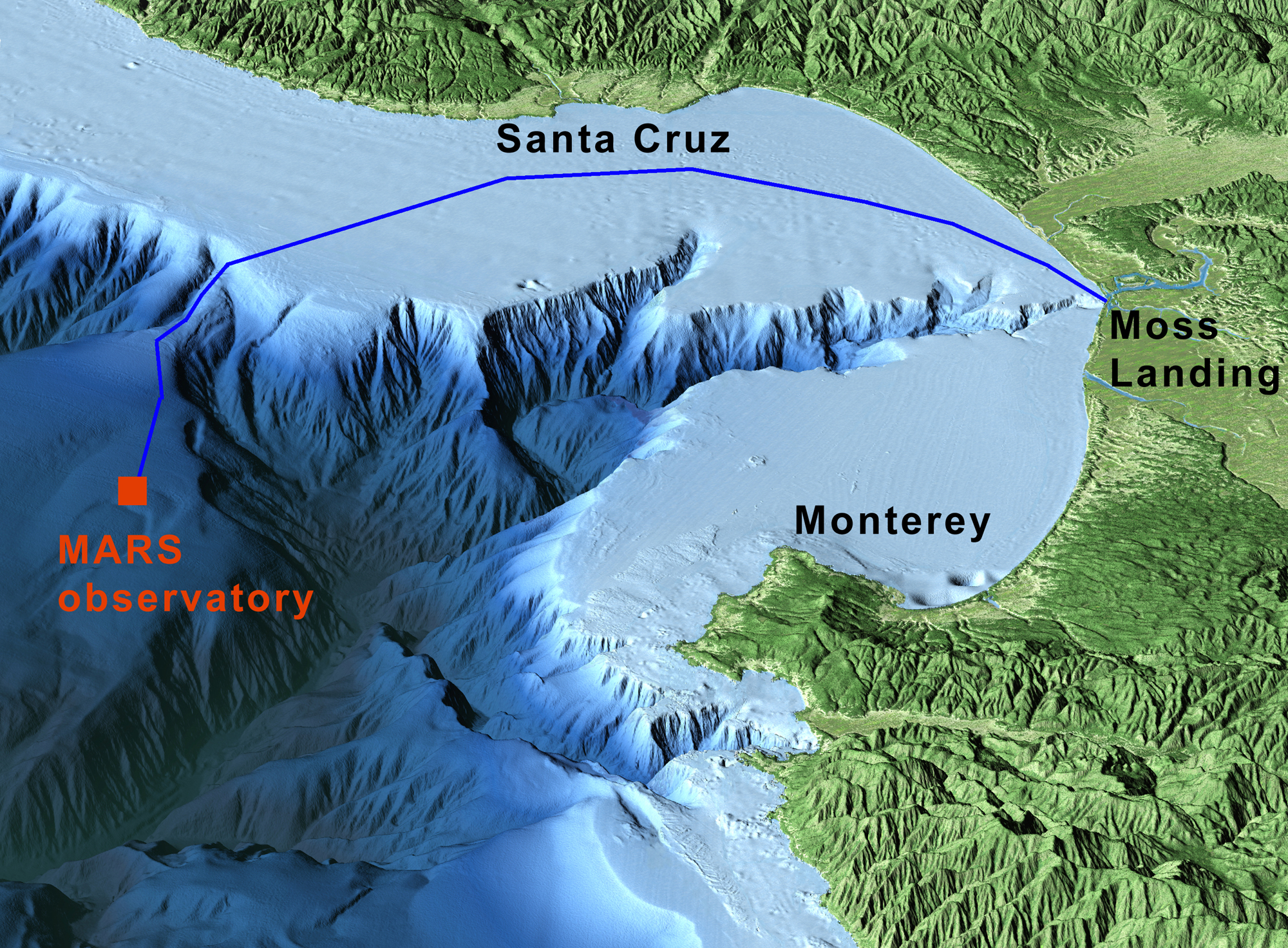 This computer-generated view of Monterey Bay shows the route of the MARS cable, which starts at the Monterey Bay Aquarium Research Institute in Moss Landing, California. The MARS observatory (red square) will be located on a sloping undersea plateau called