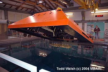 In June 2005, the trawl-resistent frame was lowered carefully into the MBARI test tank so that the pilots of MBARI remotely operated vehicle (ROV) Ventana could practice installing a