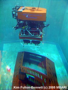 This photo, also taken in June 2005, shows the remotely operated vehicle (ROV) Ventana in the test tank with the science node. MBARI's ROV pilots used ROV Ventana to practice installing a