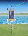 This illustration shows a surface buoy connected by power and data cables to a subsurface array of sediment traps, current meters, and other instruments. Some instruments are located in the Shepard Meander of Monterey Canyon. Other instruments are located on the sea floor to the side of the canyon axis. Resuls from the two arrays will help scientists understand how much organic material flows down Monterey Canyon into the deep sea.