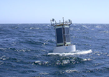 After a year-long redesign, the MOOS test mooring rides again in Monterey Bay. Photo: Mark Chaffey (c) 2004 MBARI.