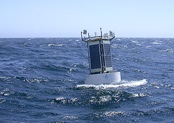 After a year-long redesign, the MOOS test mooring rides again in Monterey Bay. Photo: Mark Chaffey (c) 2004 MBARI.