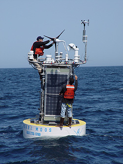 Mike Kelley installs a wind generator on top of the MOOS test mooring, with help from Christian Kocher. Photo: Duane Thompson (c) 2004 MBARI.