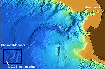 This map shows the location of the new ocean observatory near the Shepard Meander of Monterey Canyon, about 100 kilometers from shore. Image (c) 2006 MBARI