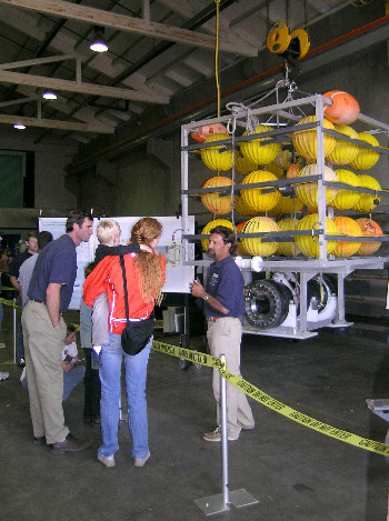 Machinist Larry Bird explains how to construct your very own hyperbaric fish trap using titanium, stainless steel, and rubber bands. Photo: Kim Fulton-Bennett (c) 2004 MBARI