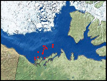 The red dots on this map show a few of the hundreds of undersea hills (