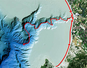  The red arrows in this illustration show how beach sand is carried parallel to shore along Monterey Bay beaches until it reaches the head of Monterey Canyon at Moss Landing. Entering the head of the canyon, this 