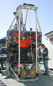 The underwater vibracoring system attached to ROV Ventana can collect cores up to 2.5 meters (8 feet) long. During operation, a core tube is suspended between the two upright struts. Photo: Todd Walsh (c) 2004 MBARI