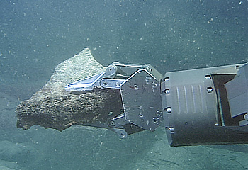 Langberg analyzed many samples such as this fragment of pillow lava being collected by MBARI's remotely operated vehicle Tiburon on the Juan de Fuca Ridge. Photo (c) 2002 MBARI
