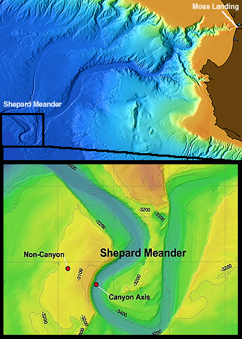 The top image shows a computer-generated map of Monterey Canyon showing Moss Landing in the upper right corner and the Shepard Meander at lower left. The bottom image shows a close-up view of the Shepard Meander. The main instrument node for measuring down-canyon carbon movement is located at the red dot labeled